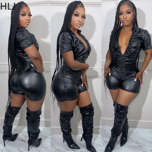 Women's Black Bodycon Romper - Deep V Short Sleeve Jumpsuit | Sexy Nightclub Overall - EverHype