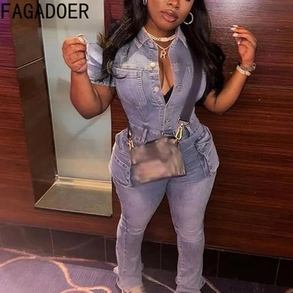FAGADOER Blue Denim Jumpsuits Women Fashion Short Sleeve Lapel Cargo Pocket Stretchy Bodycon One Pieces Jeans Overall Streetwear - EverHype