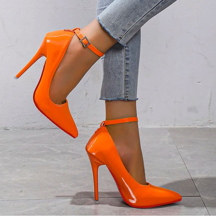 Aphixta Orange New Luxury Crystals Buckle Pimp Super High 12cm Stiletto heels Pumps Women Shoes Pointed Toe Colorful Party Pumps - EverHype