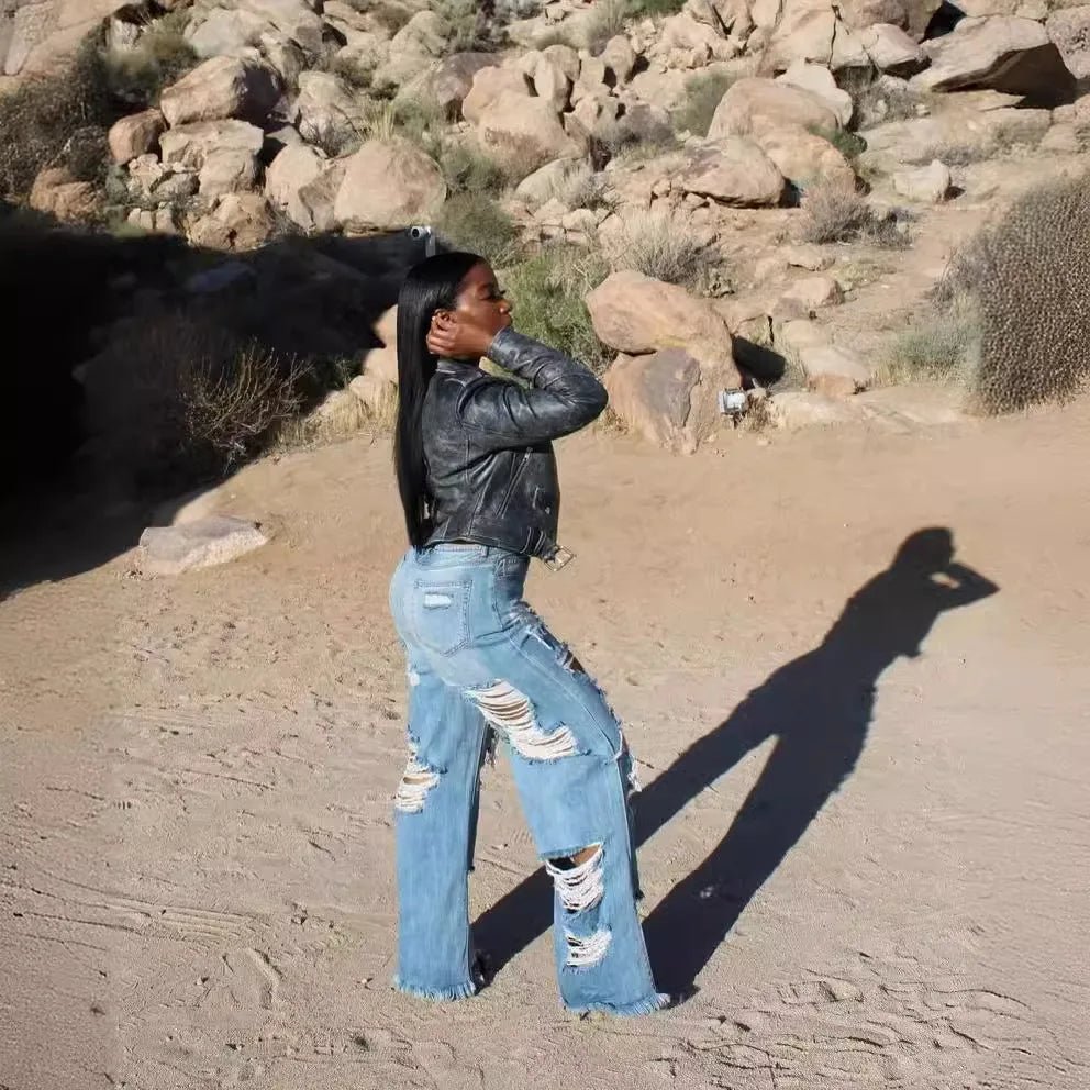 Jeans Women Long Pants Elegant Splice Denim Pant Slim Fit Sexy Hole High Waist Button Pocket Straight Trousers Summer 2024 - EverHype