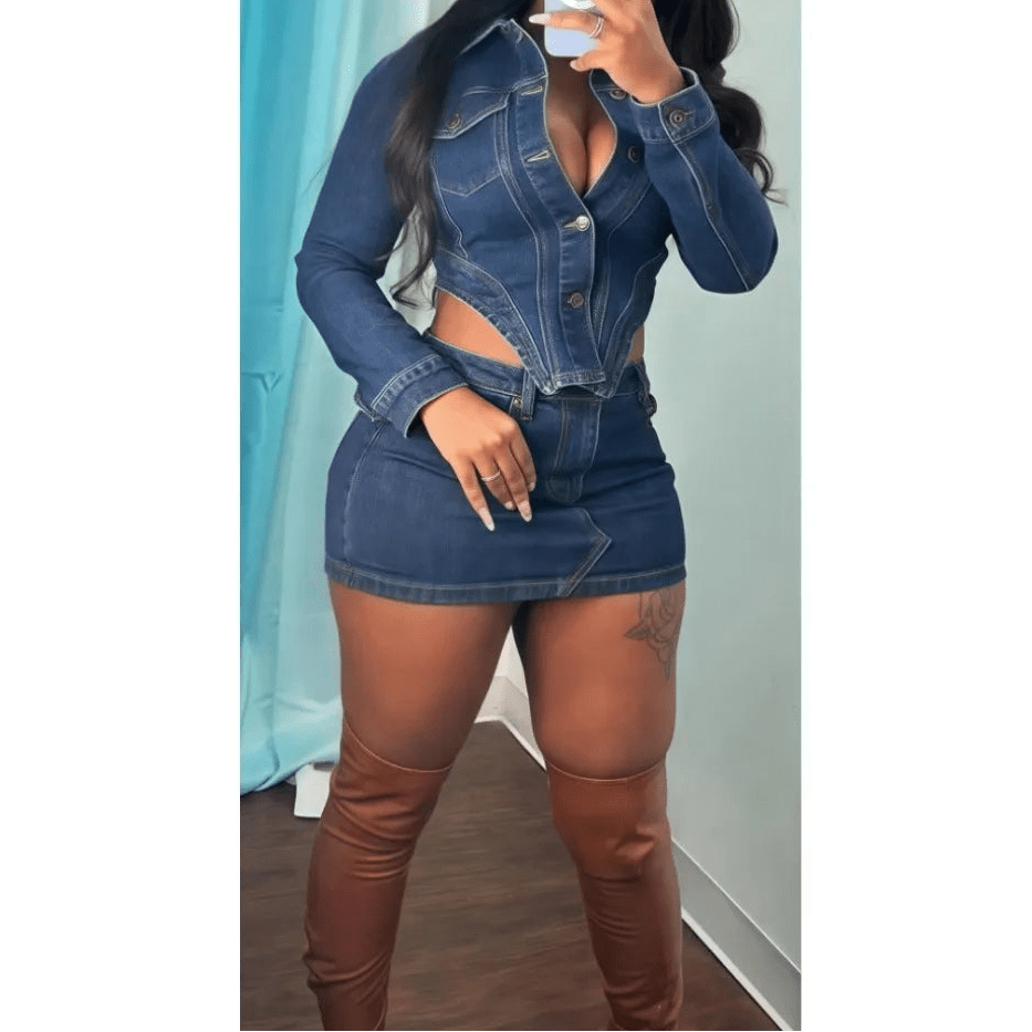 Denim 2 - Piece Set - Patchwork Crop Jacket & Skirt Outfit for Women - EverHype