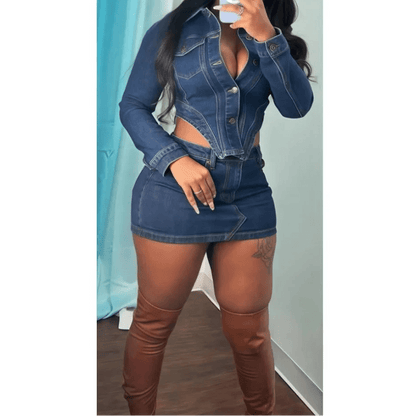 Denim 2 - Piece Set - Patchwork Crop Jacket & Skirt Outfit for Women - EverHype