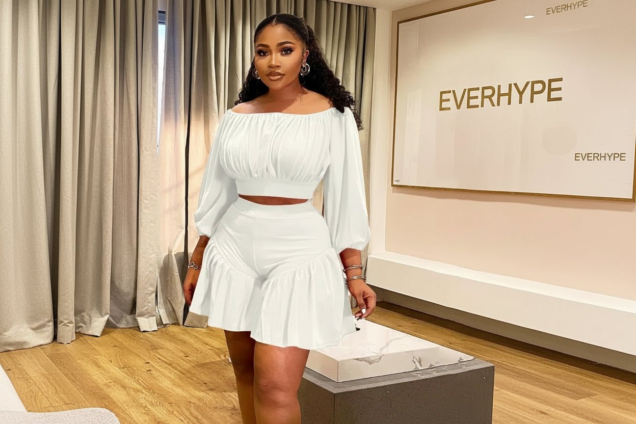 Plus Size 2 - Piece Set - Long Sleeve Slash Neck Top & Shorts for Women - EverHype