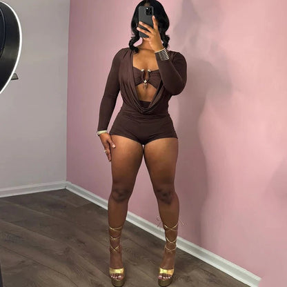 Jumpsuits for Women Sexy Deep V Neck Long Sleeve Romper Solid Color Bodycon Shorts Jumpsuit Club Wear One Piece Going Out Outfit - EverHype