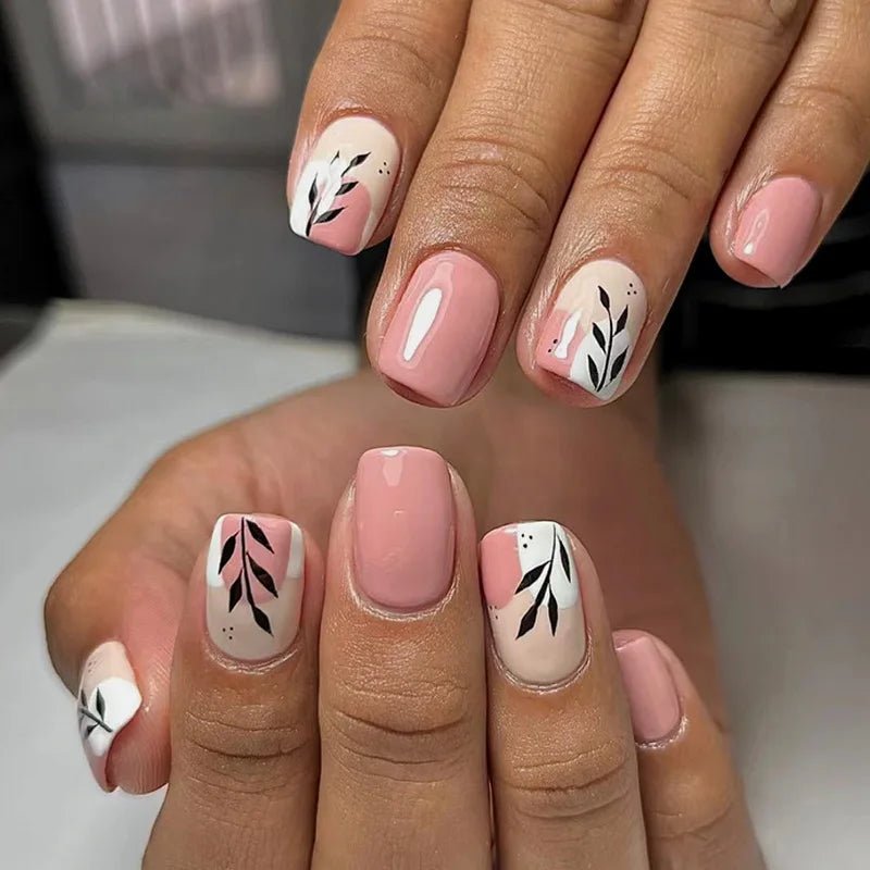 24Pcs Short Square Head Fake Nail with Colorful Flower Designs Wearable French False Nails Ballet Finished Jelly Stick on Nails - EverHype