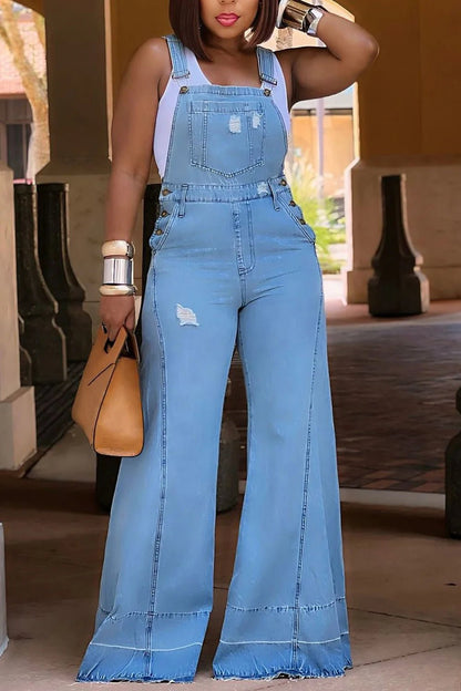 Plus Size Women's Jumpsuit Denim Pockets Overall Rompers Wide Leg Jeans Slim Streetwear Casual Fashion Jumpsuit for Women's - EverHype