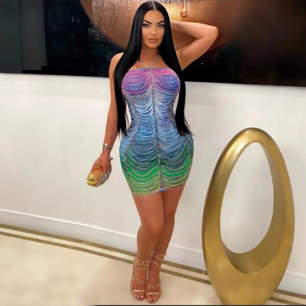 Rainbow Crystal Tassel Dress - Halter Neck Bodycon Midi | Evening Party Dress - EverHype