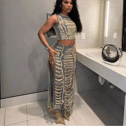 Denim 2 - Piece Set - Hollow Crop Top & Slit Skirt Outfit for Women - EverHype