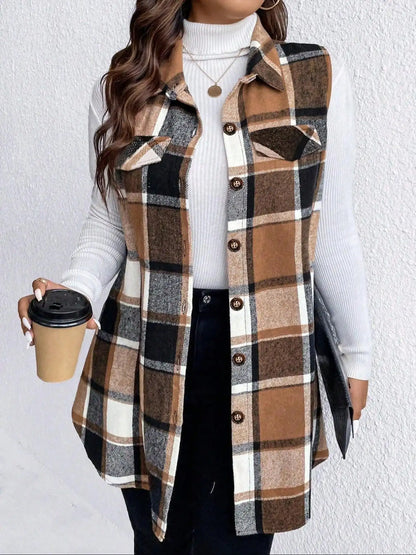 Women Plus Size 1XL - 5XL Plaid Print Flap Detail Sleeveless Coat Ladies Fashion Sleeveless Thick Thermal Vest Women Outwear - EverHype