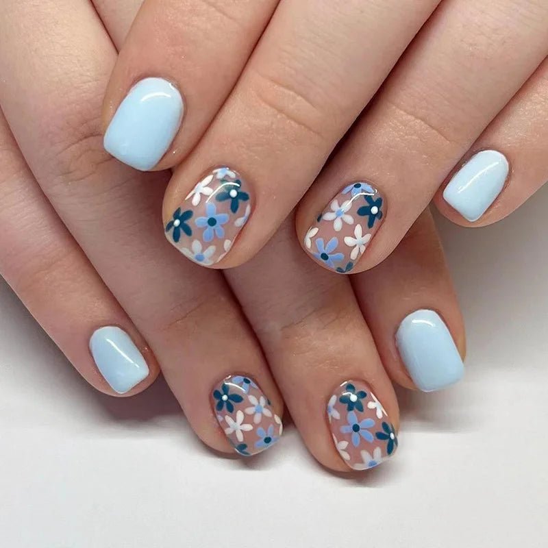 24Pcs Short Square Head Fake Nail with Colorful Flower Designs Wearable French False Nails Ballet Finished Jelly Stick on Nails - EverHype