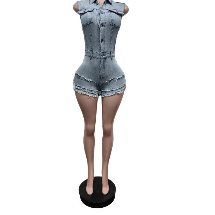 CM.YAYA Women V - neck Short Sleeve Denim tassel Short Jumpsuit Playsuits 2025 Summer Street Party Jeans Romper One Piece Outfits - EverHype