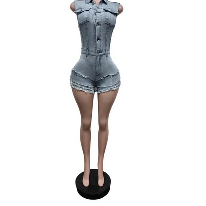 CM.YAYA Women V - neck Short Sleeve Denim tassel Short Jumpsuit Playsuits 2025 Summer Street Party Jeans Romper One Piece Outfits - EverHype