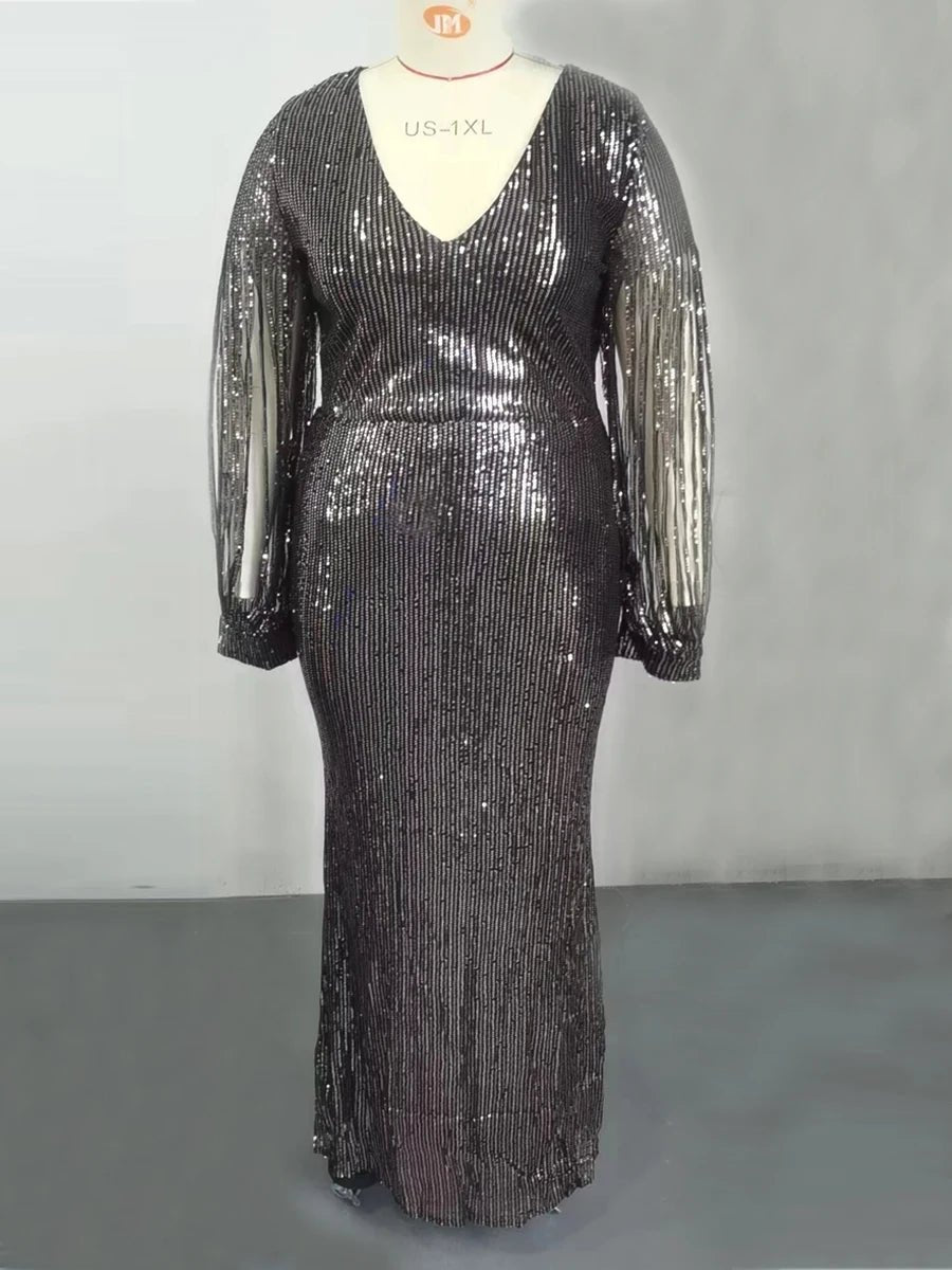 Plus Size Black Sequin Evening Dress - V - Neck Lantern Sleeve Formal Gown - EverHype