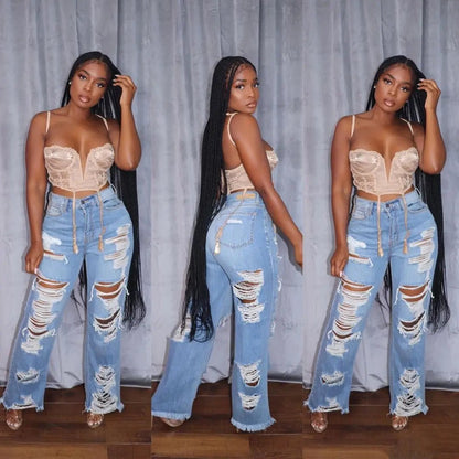 Jeans Women Long Pants Elegant Splice Denim Pant Slim Fit Sexy Hole High Waist Button Pocket Straight Trousers Summer 2024 - EverHype