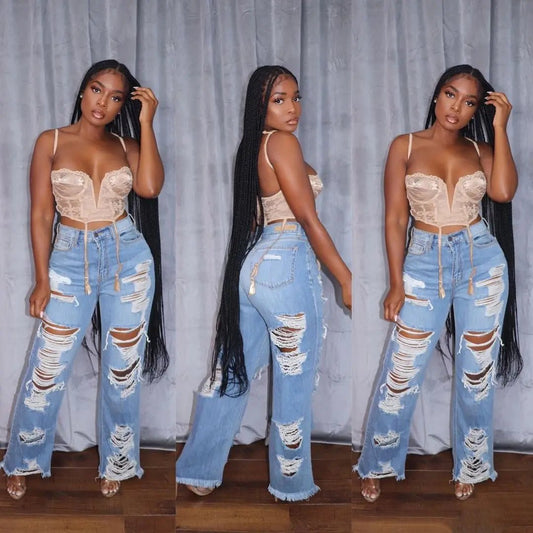 Jeans Women Long Pants Elegant Splice Denim Pant Slim Fit Sexy Hole High Waist Button Pocket Straight Trousers Summer 2024 - EverHype