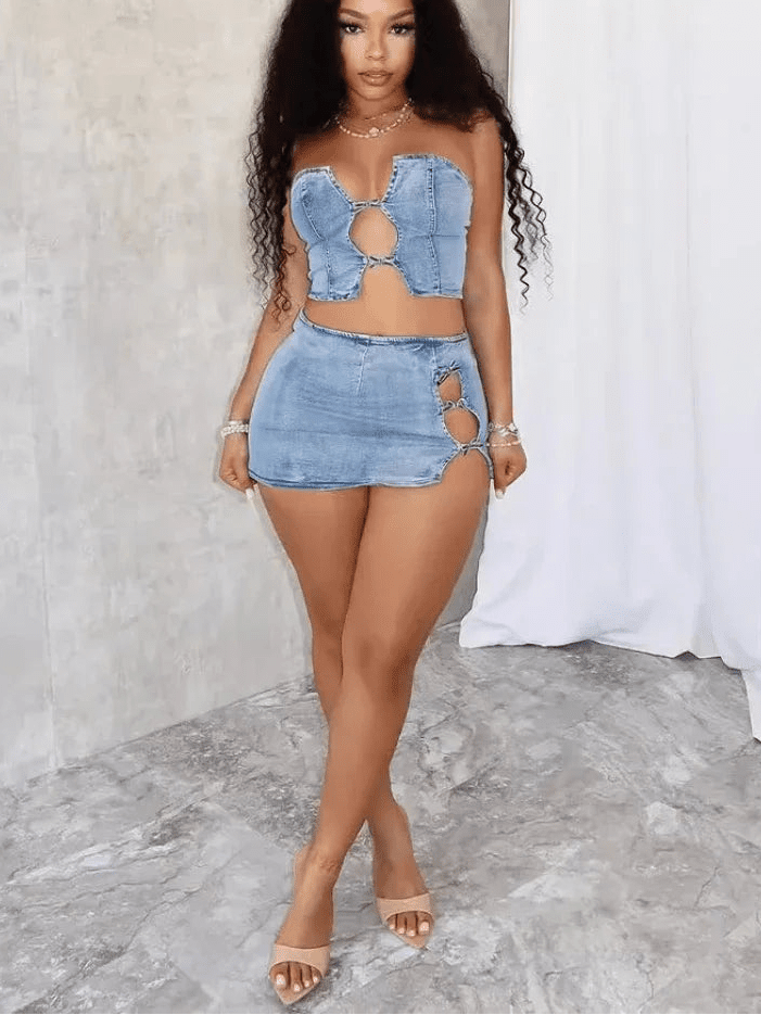 Denim 2 - Piece Set - Strapless Top & Mini Skirt Matching Outfit for Women - EverHype