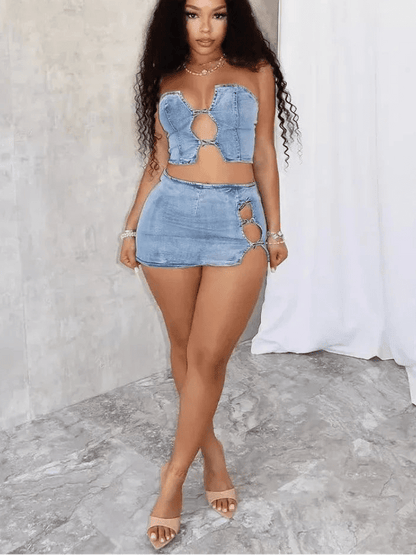 Denim 2 - Piece Set - Strapless Top & Mini Skirt Matching Outfit for Women - EverHype