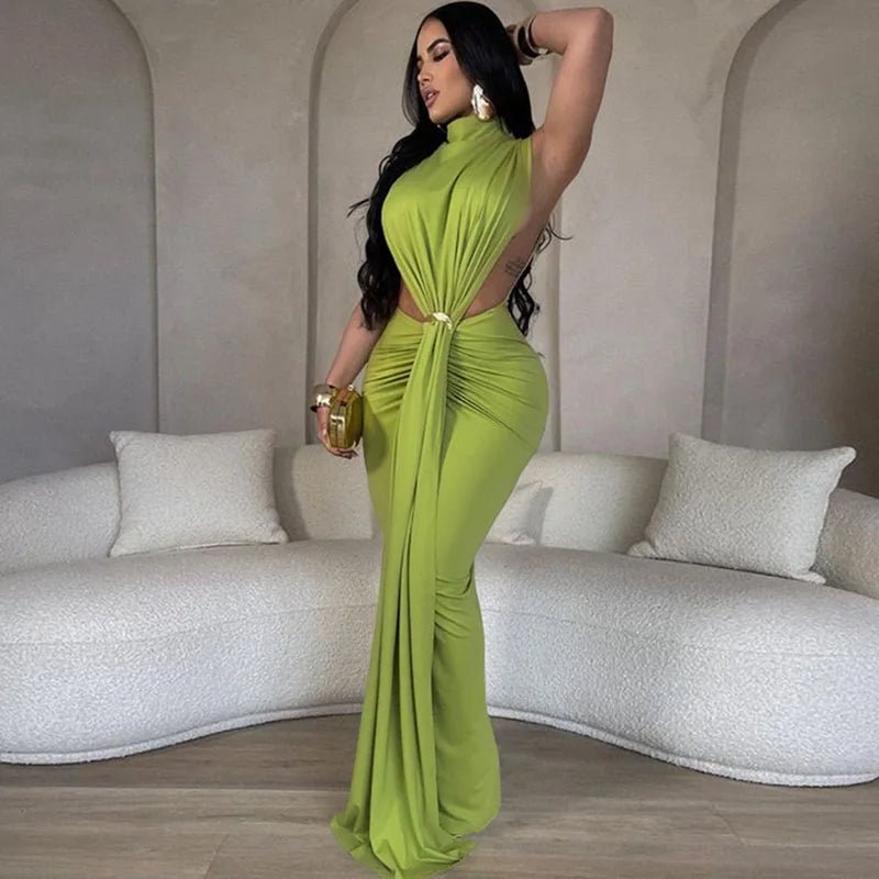 Elegant Celebrity Mermaid Maxi Dress Women Birthday Night Party Evening Prom Metal Ring Cutout Ruched Ribbon Formal Long Dresses - EverHype