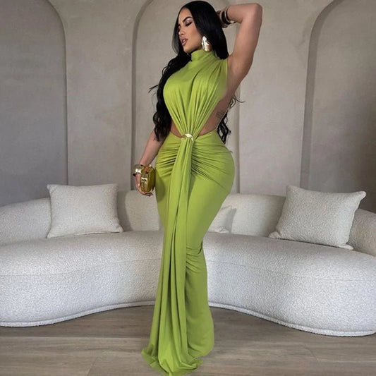 Elegant Celebrity Mermaid Maxi Dress Women Birthday Night Party Evening Prom Metal Ring Cutout Ruched Ribbon Formal Long Dresses - EverHype
