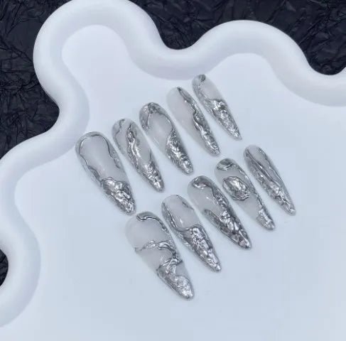 10Pcs Black Handmade Press On Nails Coffin Fake Nails Full Cover Gradient Metal Contrast Artificial Manicure Wearable Nail Tips - EverHype