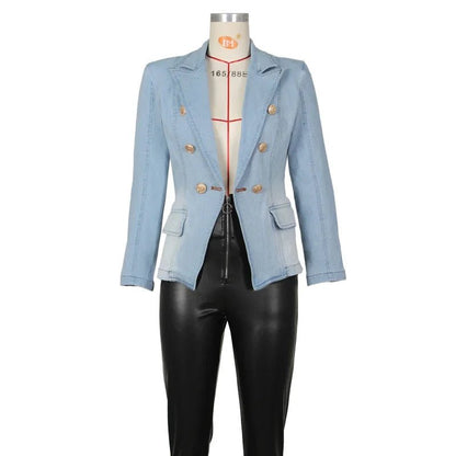 2025 New Fashion Women Jacket Notched Long Sleeve Double Breasted Slim Waist Denim Jean Suit Blazer Jacket - EverHype