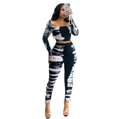 2024 Printing Knitted Two Piece Women Sets Casual Outfits Square Collar Long Sleeve Crop Top and Pants Matching Sets Loungewear - EverHype