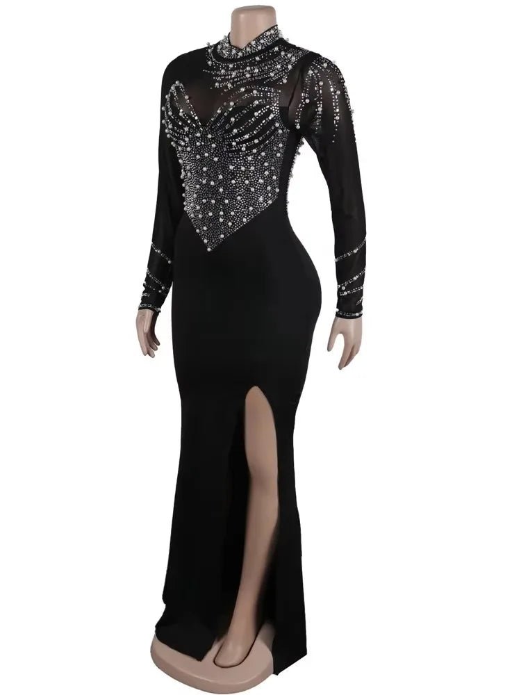 Crystal Embellished Maxi Dress - High Slit Long Sleeve Gown | Glam Party Dress - EverHype