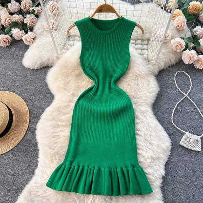 Summer Knitted Bodycon Sexy Dress 2026 O Neck Sleeveless Ruffled Party Sundress High Street Elastic Slim Short Dress - EverHype