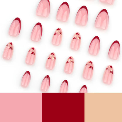 24pcs Valentine'S Day Press On Nails Set Short Almond Shaped Glossy Red Nails with Heart Glitter Pattern False Nails For Party - EverHype