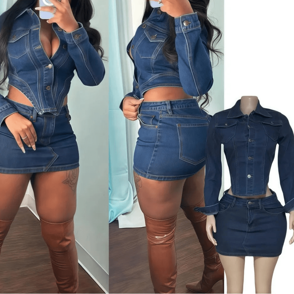 Denim 2 - Piece Set - Patchwork Crop Jacket & Skirt Outfit for Women - EverHype
