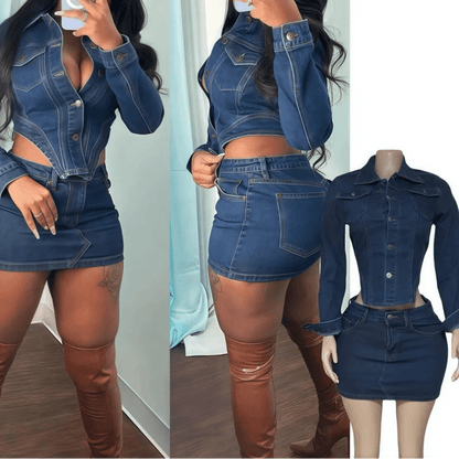 Denim 2 - Piece Set - Patchwork Crop Jacket & Skirt Outfit for Women - EverHype