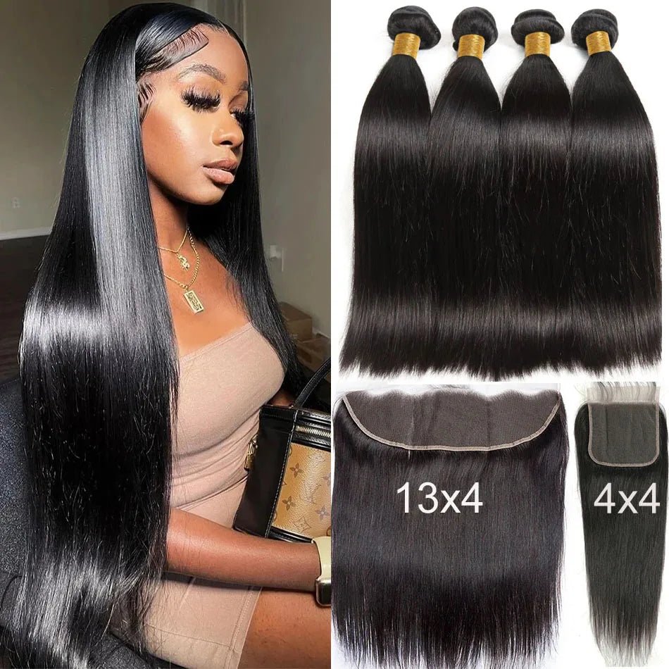 Bone Straight Human Hair Bundles With Frontal Closure 30 32 Inch Virgin Hair Weave Bundles With Closure Remy Hair Extensions - EverHype