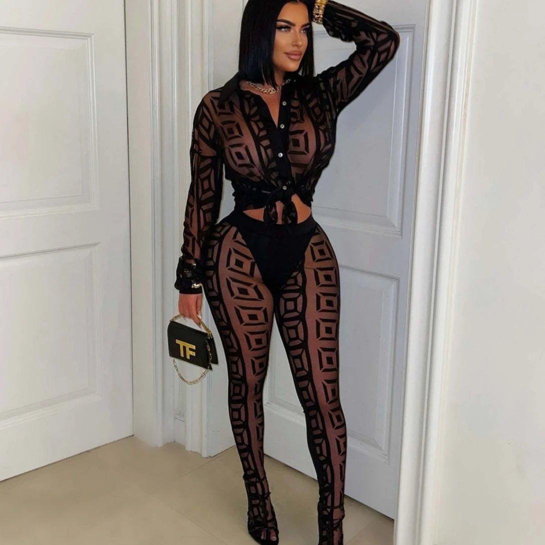 FAGADOER Sexy Mesh Women 2 Piece Set Outfit See Through Long Sleeves Crop Top + Skiny Pants Suits Female Streetwear Clothing New - EverHype