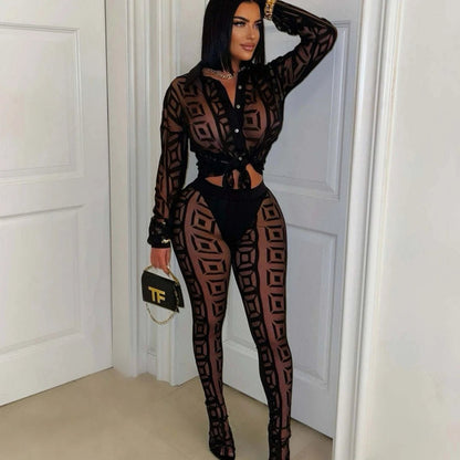 FAGADOER Sexy Mesh Women 2 Piece Set Outfit See Through Long Sleeves Crop Top + Skiny Pants Suits Female Streetwear Clothing New - EverHype