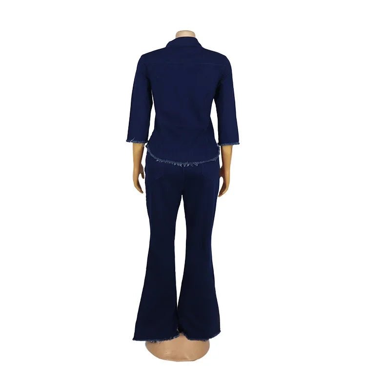 Two Piece Cowboy Denim Set - Jean Jacket & Flare Pants Outfit - EverHype