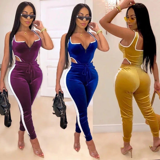 Sexy Bodycon 2pcs Set, Sleeveless Cut Out Bodysuit & High Waist Stretchy Pants, Women's Clothing - EverHype