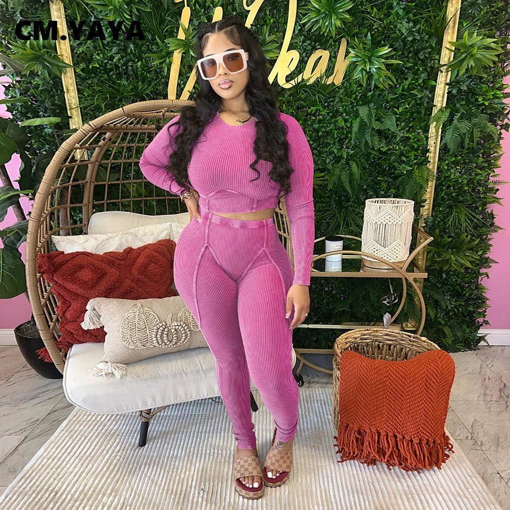 CM.YAYA Knit Ribbed Women's Set Long Sleeve T-shirt and Legging Pants 2023 Fashion Fitness Yoga Two 2 Piece Set Outfit Tracksuit - EverHype