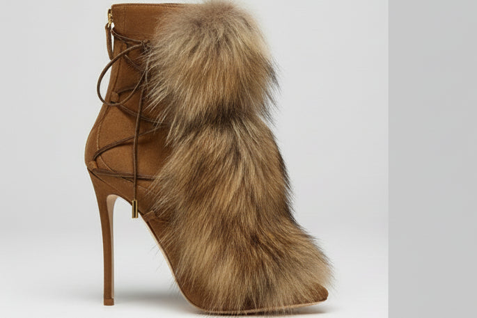 Brown Real Fur Stiletto Ankle Boots Women Trends Outfit Cross Tied Winter Snow Shoes Female Haute Pointed Toe Back Zipper Boots - EverHype