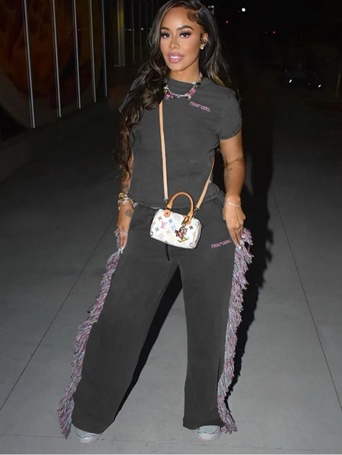 Weird Puss Casual Women 2 Piece Set Tracksuit Sporty Letter Embroidery Crop Tops+Side Tassel Straight Pants Matching Streetwear - EverHype