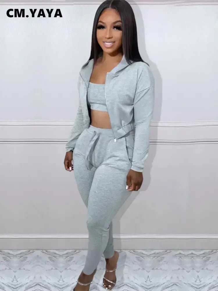 CM.YAYA Women Sportwear Fashion 3 - piece Set Outfits Hooded Track Jacket + Tank + Jogger Pants Suit Active Tracksuit Sweatsuit - EverHype