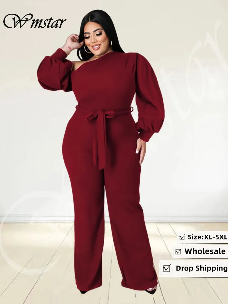 Plus Size Off - Shoulder Jumpsuit - Solid Color Romper with Sashes | Fall Office Lady - EverHype