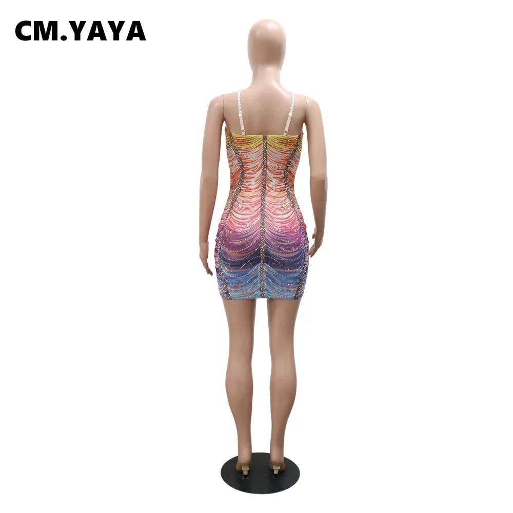 Rainbow Crystal Tassel Dress - Halter Neck Bodycon Midi | Evening Party Dress - EverHype