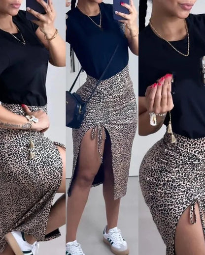 Women's Casual Fashion 2024 New Hot Selling Two - Piece Set with Leopard Print Letter Print Top and Drawstring Slit Skirt Set - EverHype