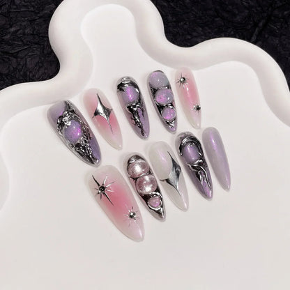 10Pcs Black Handmade Press On Nails Coffin Fake Nails Full Cover Gradient Metal Contrast Artificial Manicure Wearable Nail Tips - EverHype