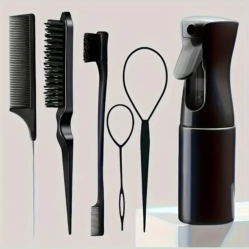 6pcs Hair Brush Set Spray Bottle Hair Braiding Loop Rat Tail Comb Teasing Hair Brsuh Edge Hair Brush Curly Hair Accessories - EverHype