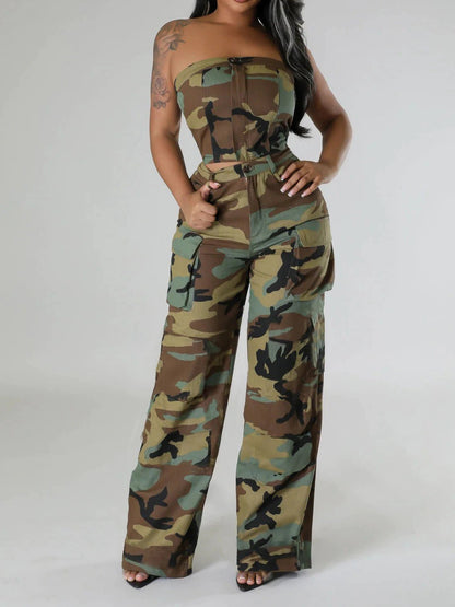 CM.YAYA Fashion Camouflage Women's Set Button Front Strapless Crop Top and Wide Leg Pants 2024 Two 2 Piece Sets Outfit Tracksuit - EverHype
