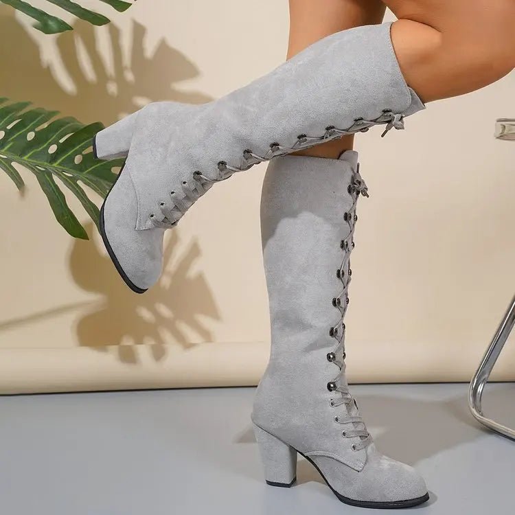 Winter Women Boots Shoes Fashion Vintage Lace - up Boots Women Round Cowboy High Heels Booties Shoes Woman Botas Mujer - EverHype