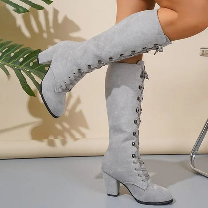 Winter Women Boots Shoes Fashion Vintage Lace - up Boots Women Round Cowboy High Heels Booties Shoes Woman Botas Mujer - EverHype
