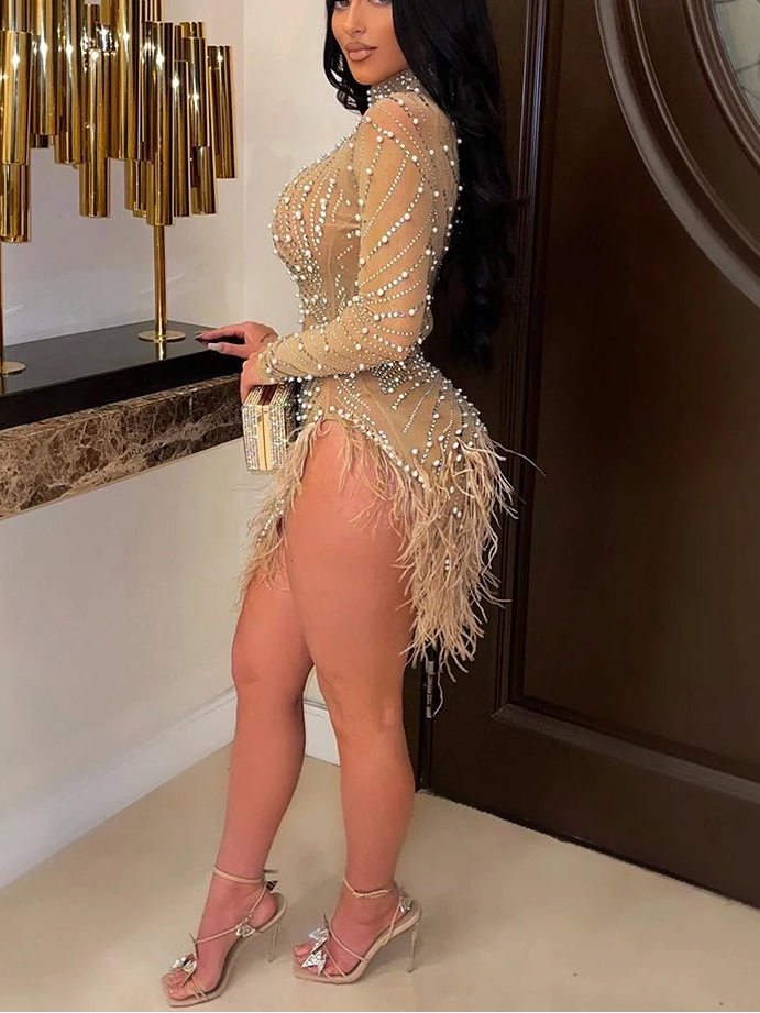 Luxury Feather Rhinestone Dress - Sheer Mesh Short Party Dress | Birthday & Evening - EverHype