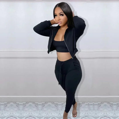 CM.YAYA Women Sportwear Fashion 3 - piece Set Outfits Hooded Track Jacket + Tank + Jogger Pants Suit Active Tracksuit Sweatsuit - EverHype